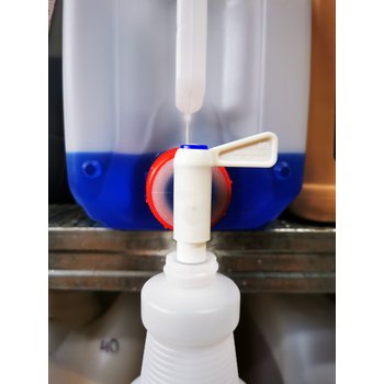 Deckelhahn für 5 Liter Gebinde,
DIN 45 Schraubkappe, rot